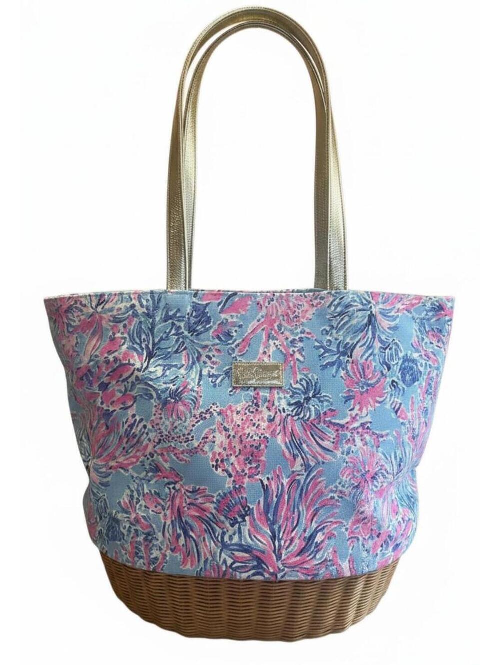 Lilly Pulitzer Seek & Sea Floral Wicker Tote Bag Tropical Gold Handles